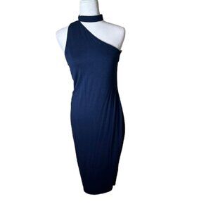 BAILEY 44 One Shoulder Neck Detail Navy Sheath Dress Size Medium Knit